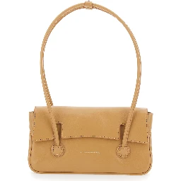 Shoulder Bag with Flap in Glossy Leather Beige Woman