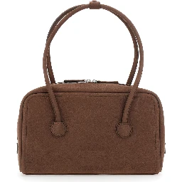 Soft Boston Small brown Shoulder bag with Two Top Handles and Logo lettering on the Front in suede Women