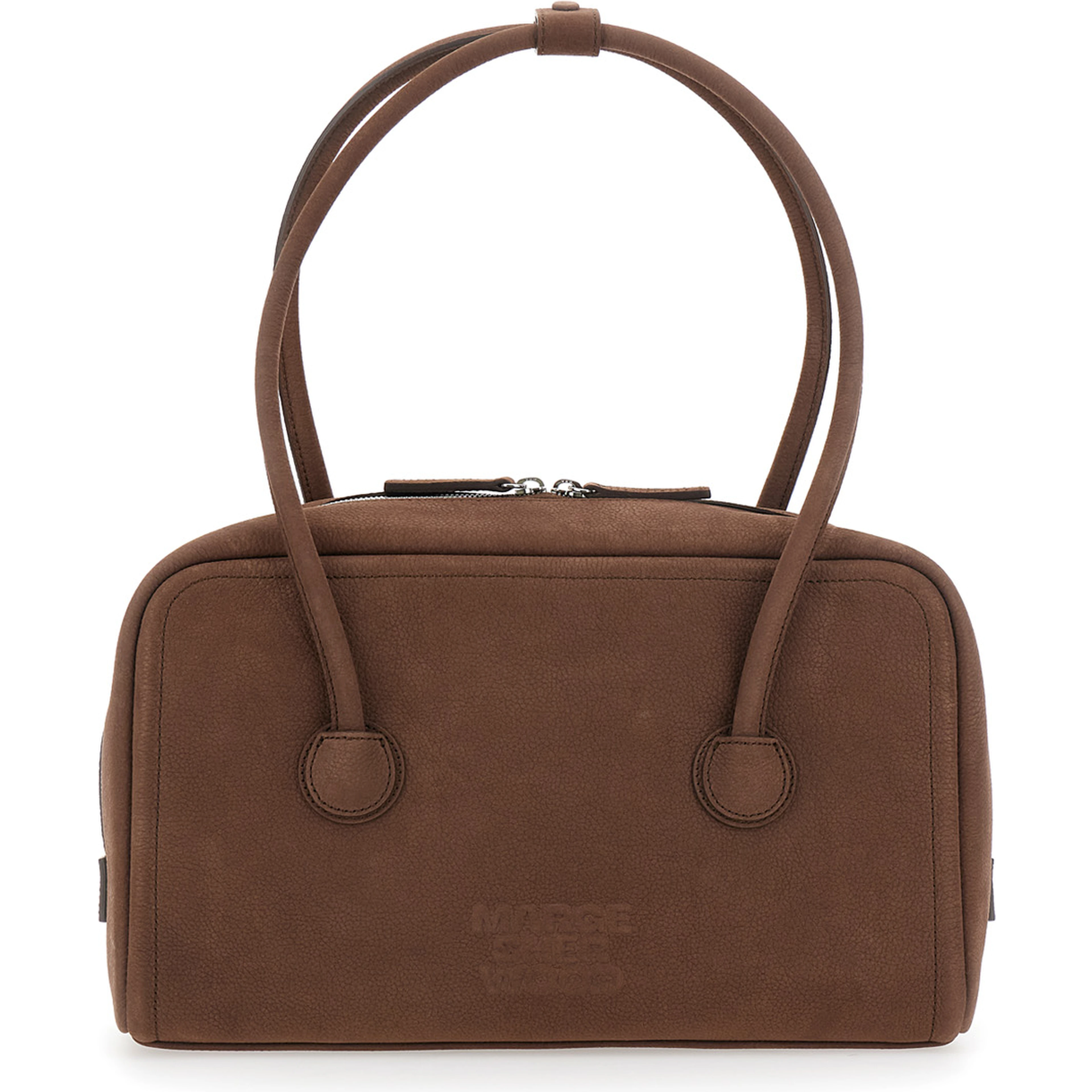 Soft Boston Small brown Shoulder bag with Two Top Handles and Logo lettering on the Front in suede Women