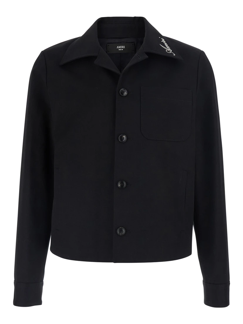 Black Jacket with Notched Collar with Logo Lettering Embroidery in Cotton for Men