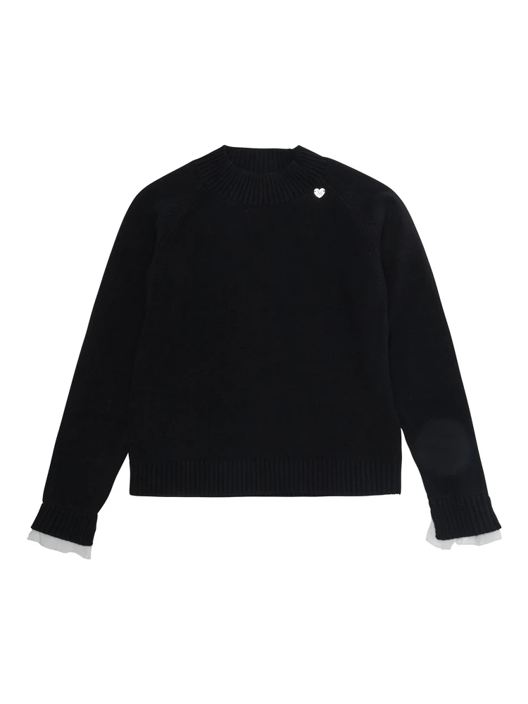 Black Crewneck sweater with ribbed trims and logo plaque on the front in Blend wool and cotton Girl alternative