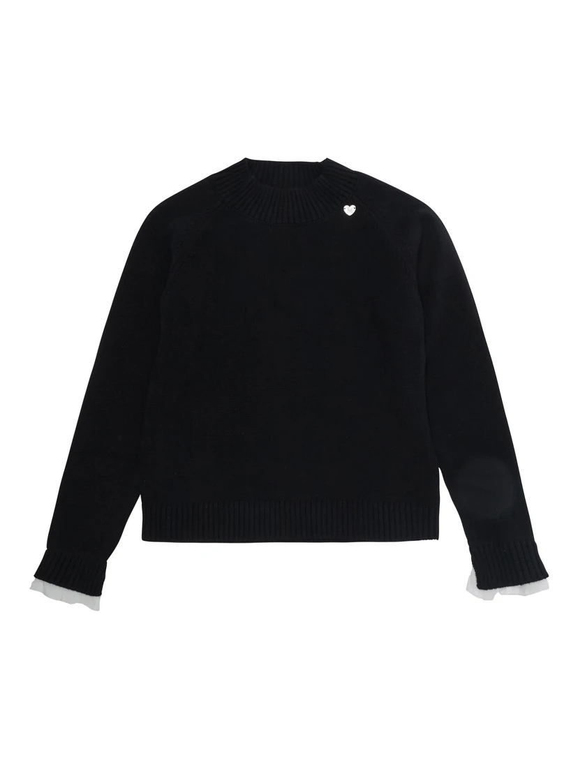 Black Crewneck sweater with ribbed trims and logo plaque on the front in Blend wool and cotton Girl