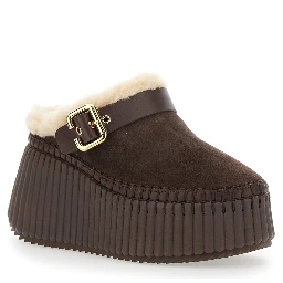 Brown Fur-Lined Mules with Buckled Strap in Suede for Women