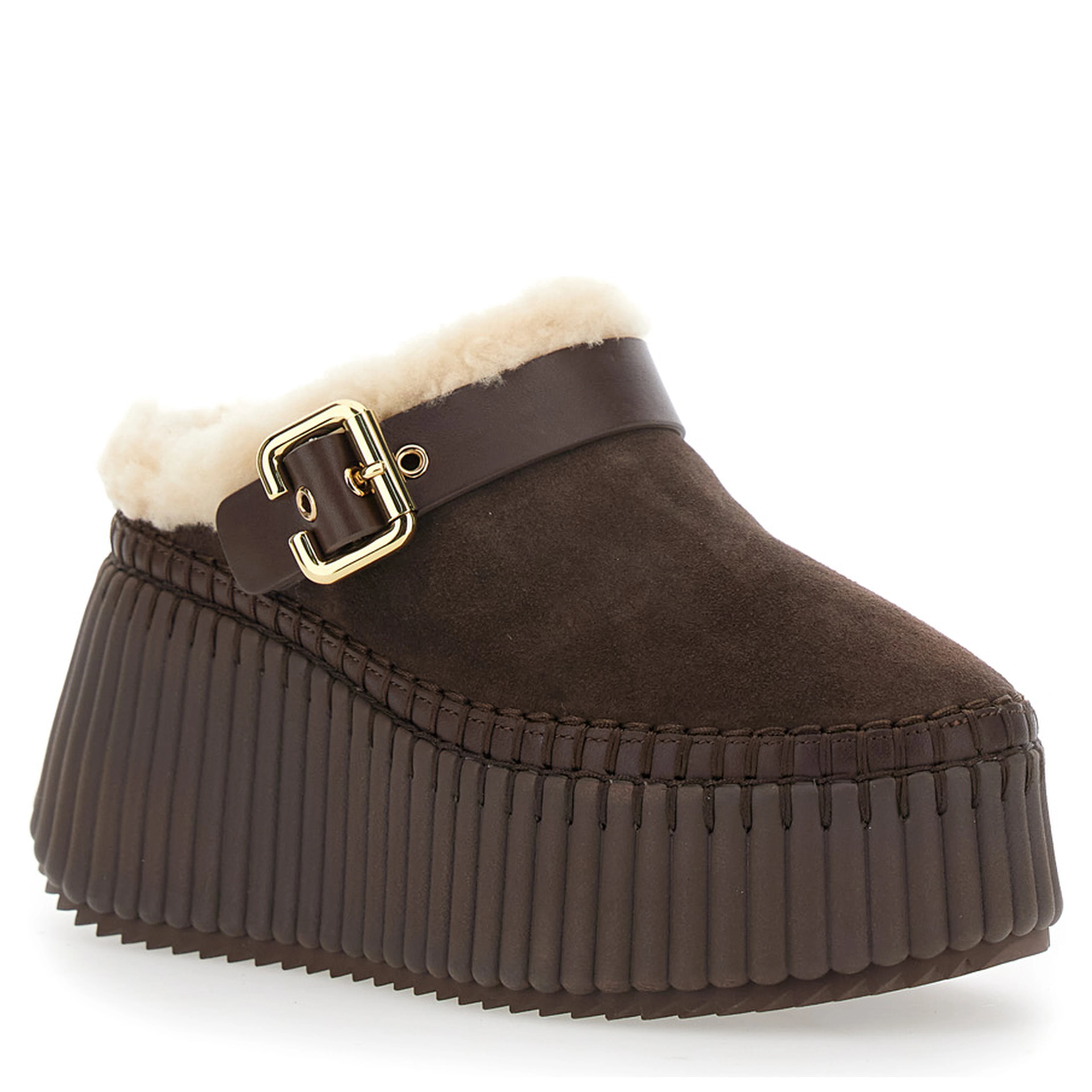 Brown Fur-Lined Mules with Buckled Strap in Suede for Women