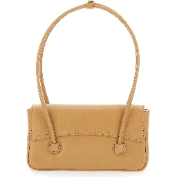 Shoulder Bag with Flap in Glossy Leather Beige Woman
