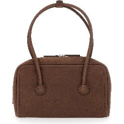 Soft Boston Small brown Shoulder bag with Two Top Handles and Logo lettering on the Front in suede Women