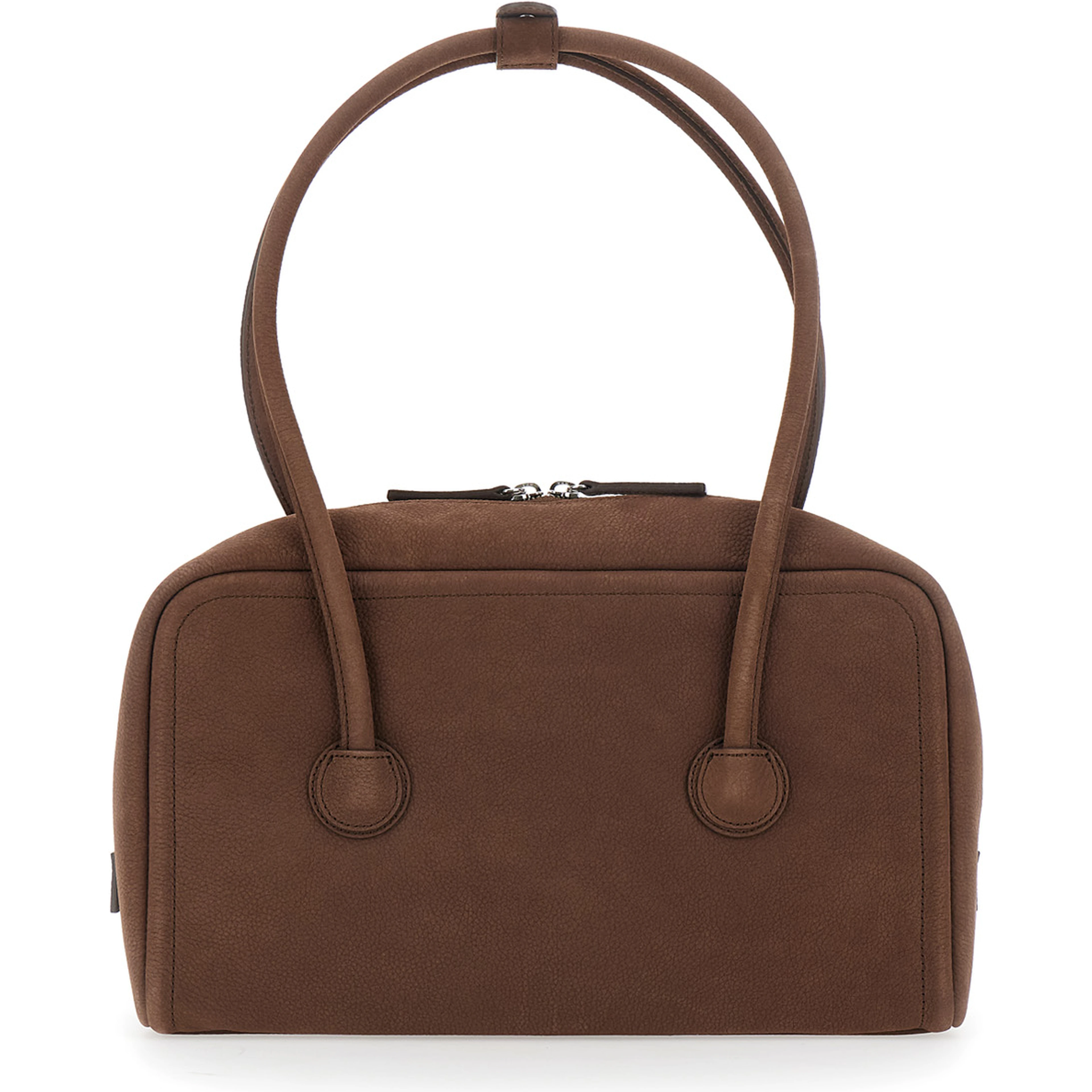 Soft Boston Small brown Shoulder bag with Two Top Handles and Logo lettering on the Front in suede Women