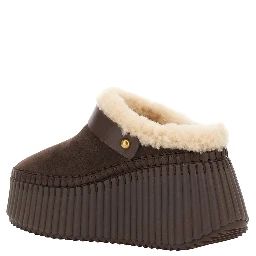 Brown Fur-Lined Mules with Buckled Strap in Suede for Women