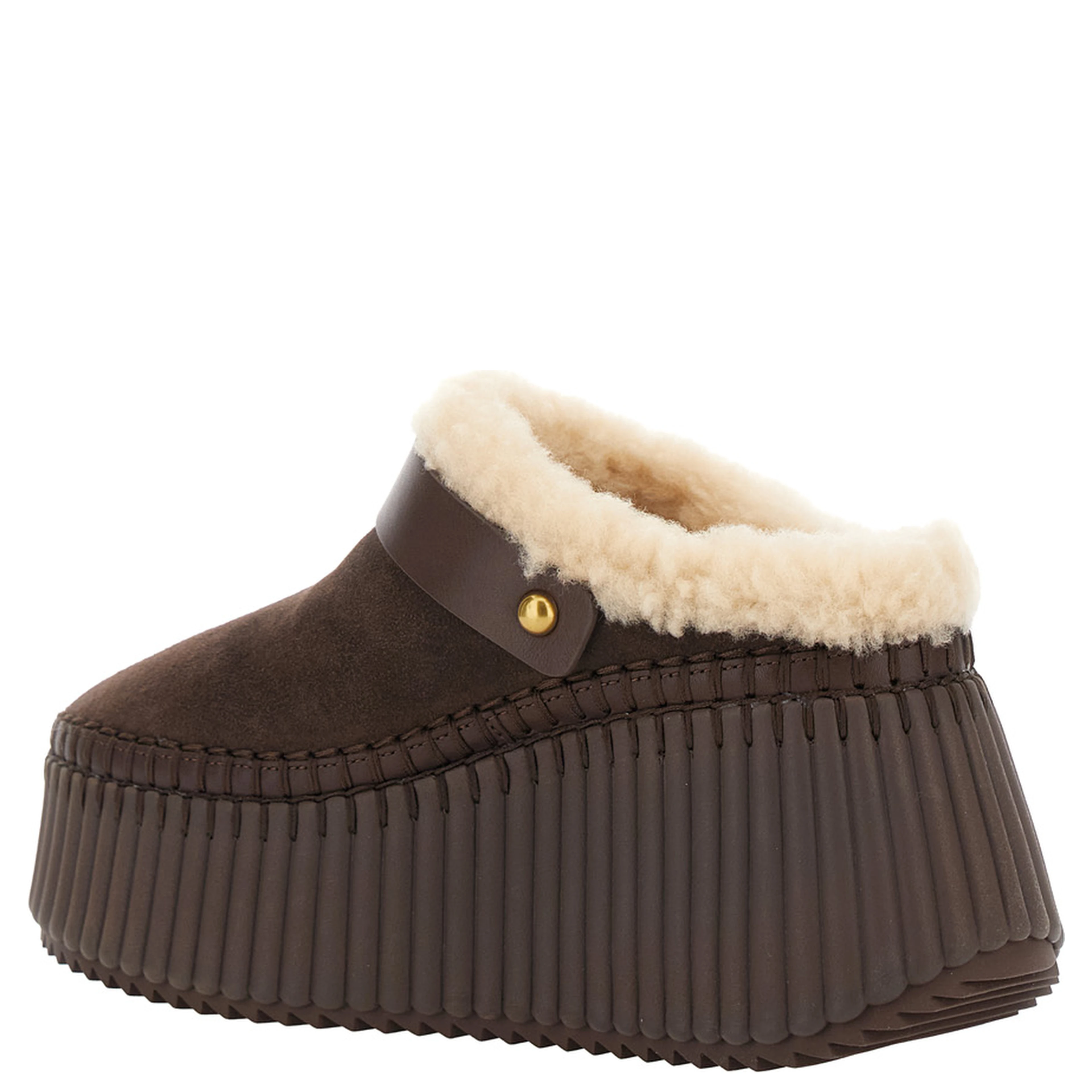 Brown Fur-Lined Mules with Buckled Strap in Suede for Women