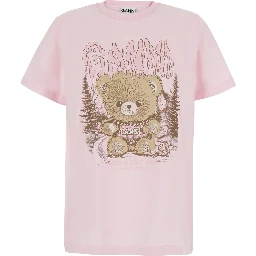 Pink Round neck T-shirt with maxi print on the front in cotton for women