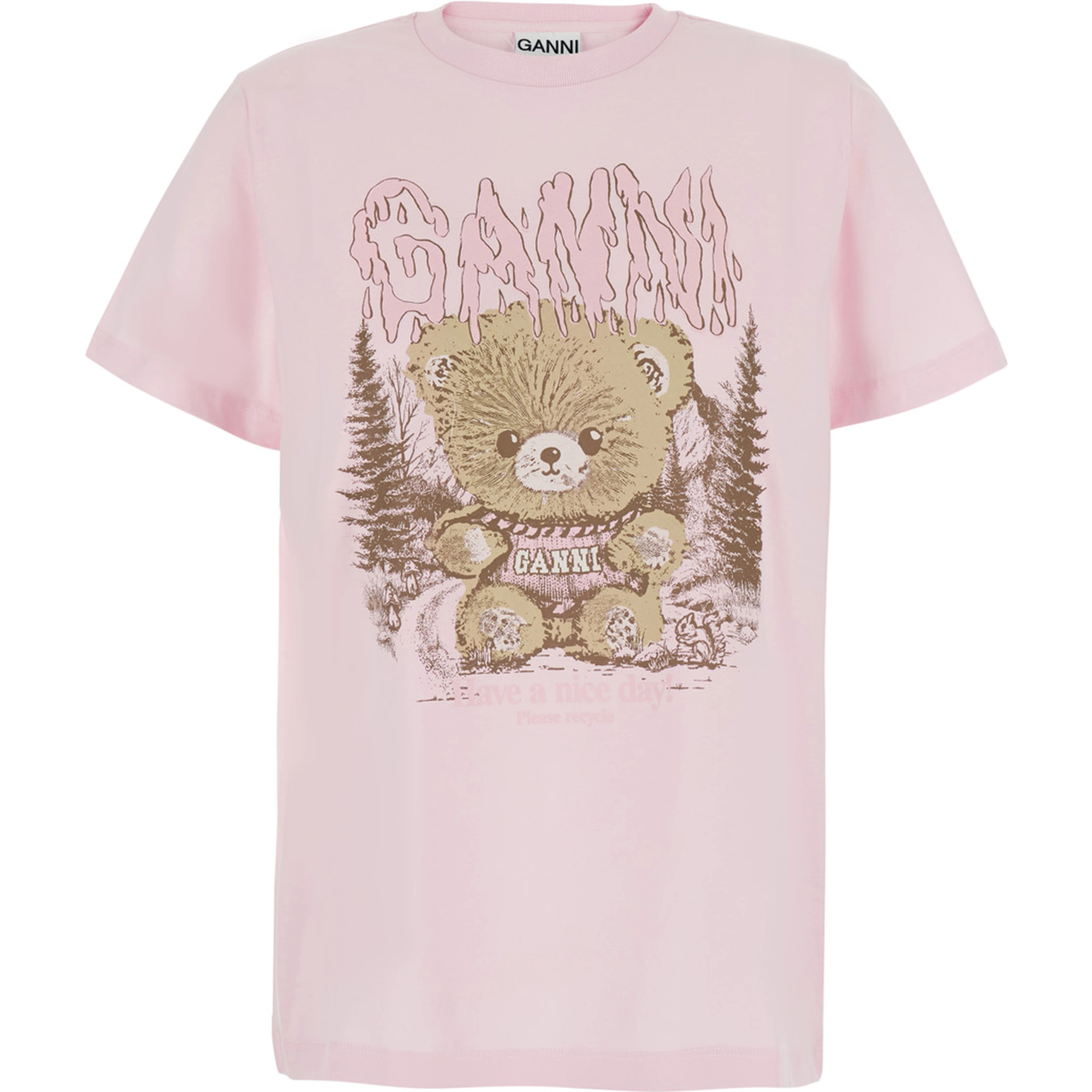 Pink Round neck T-shirt with maxi print on the front in cotton for women