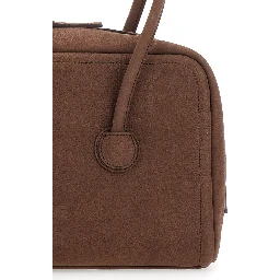 Soft Boston Small brown Shoulder bag with Two Top Handles and Logo lettering on the Front in suede Women