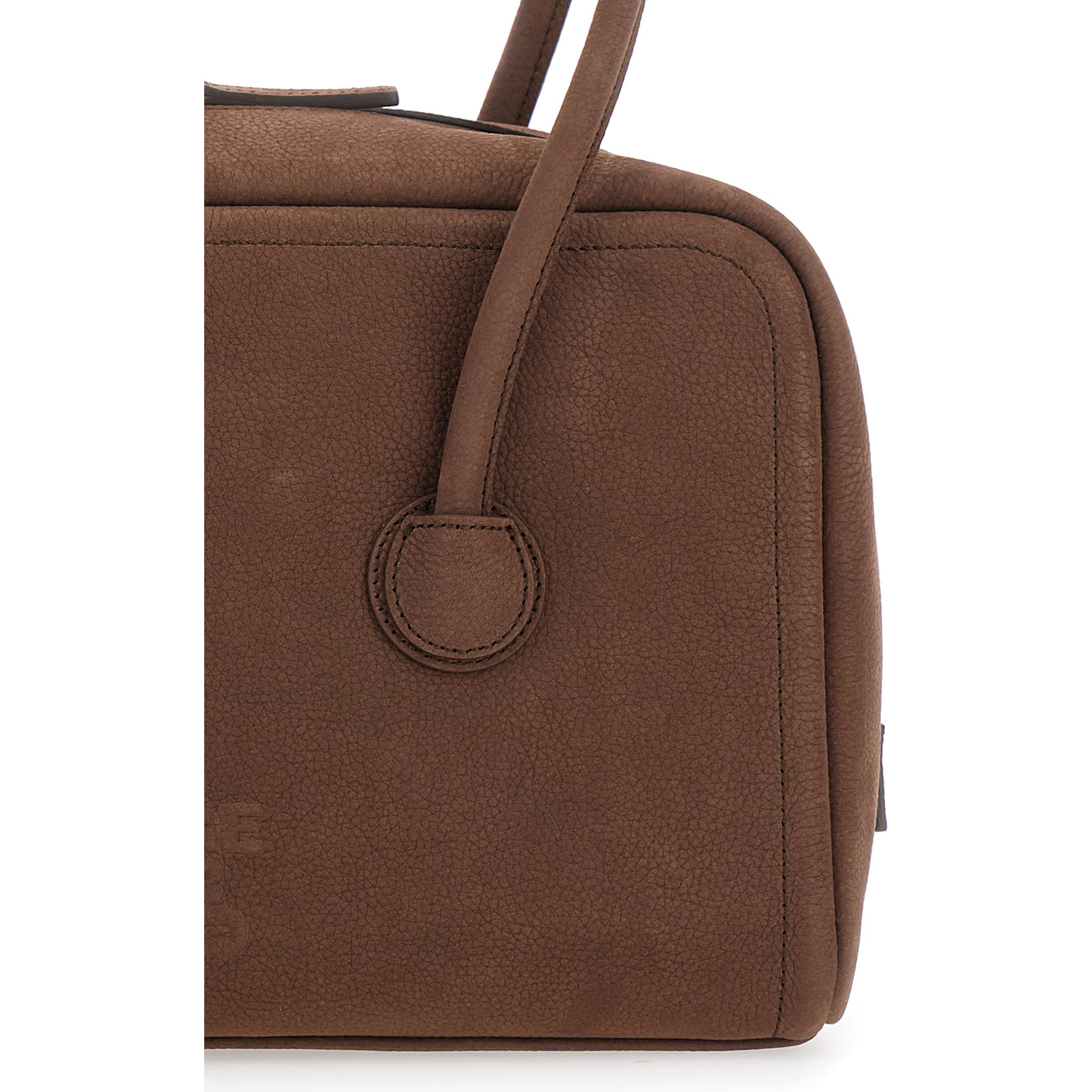 Soft Boston Small brown Shoulder bag with Two Top Handles and Logo lettering on the Front in suede Women