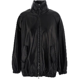 Black High Collar Jacket with Elasticized Trims in Leather for Women
