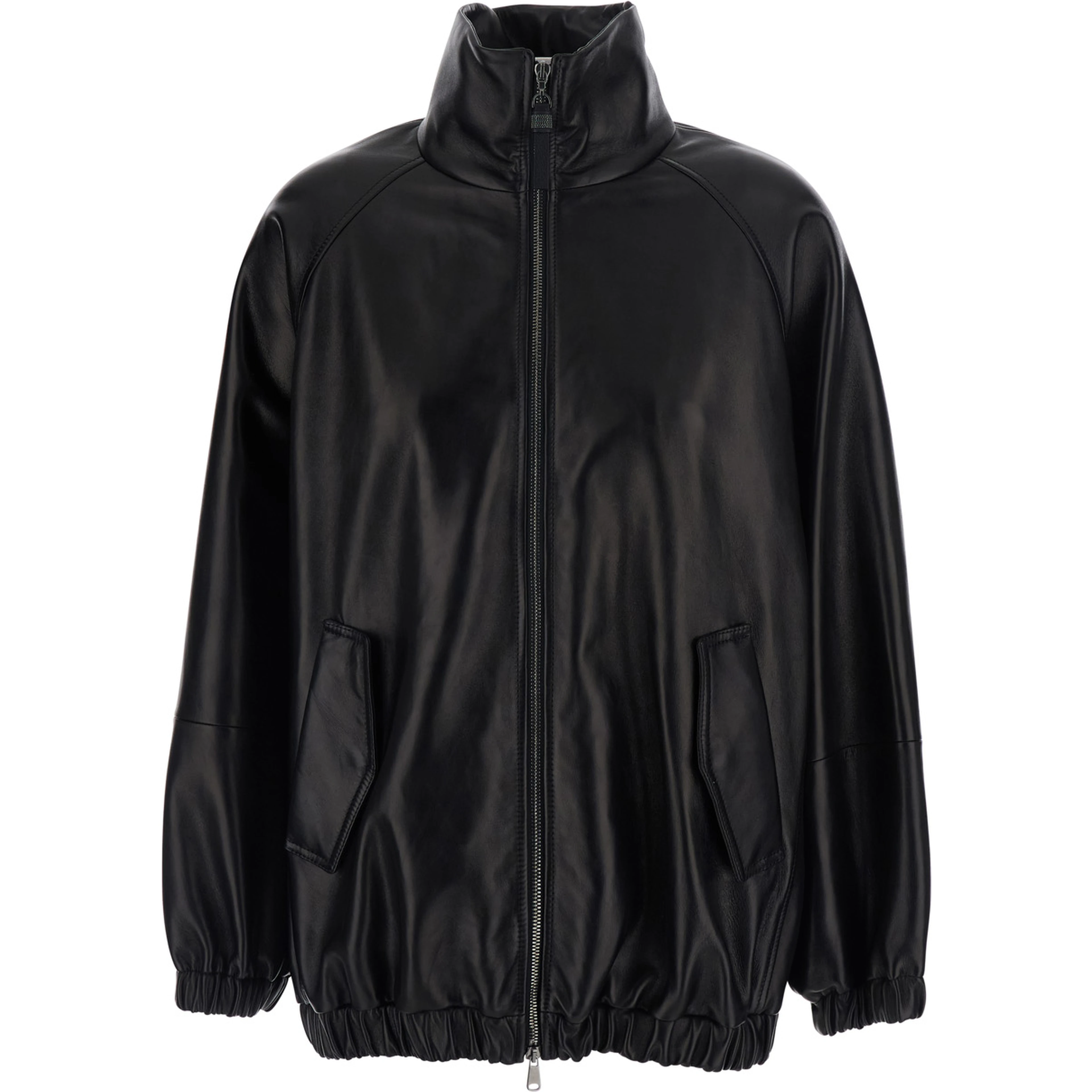Black High Collar Jacket with Elasticized Trims in Leather for Women