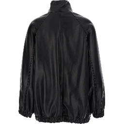 Black High Collar Jacket with Elasticized Trims in Leather for Women