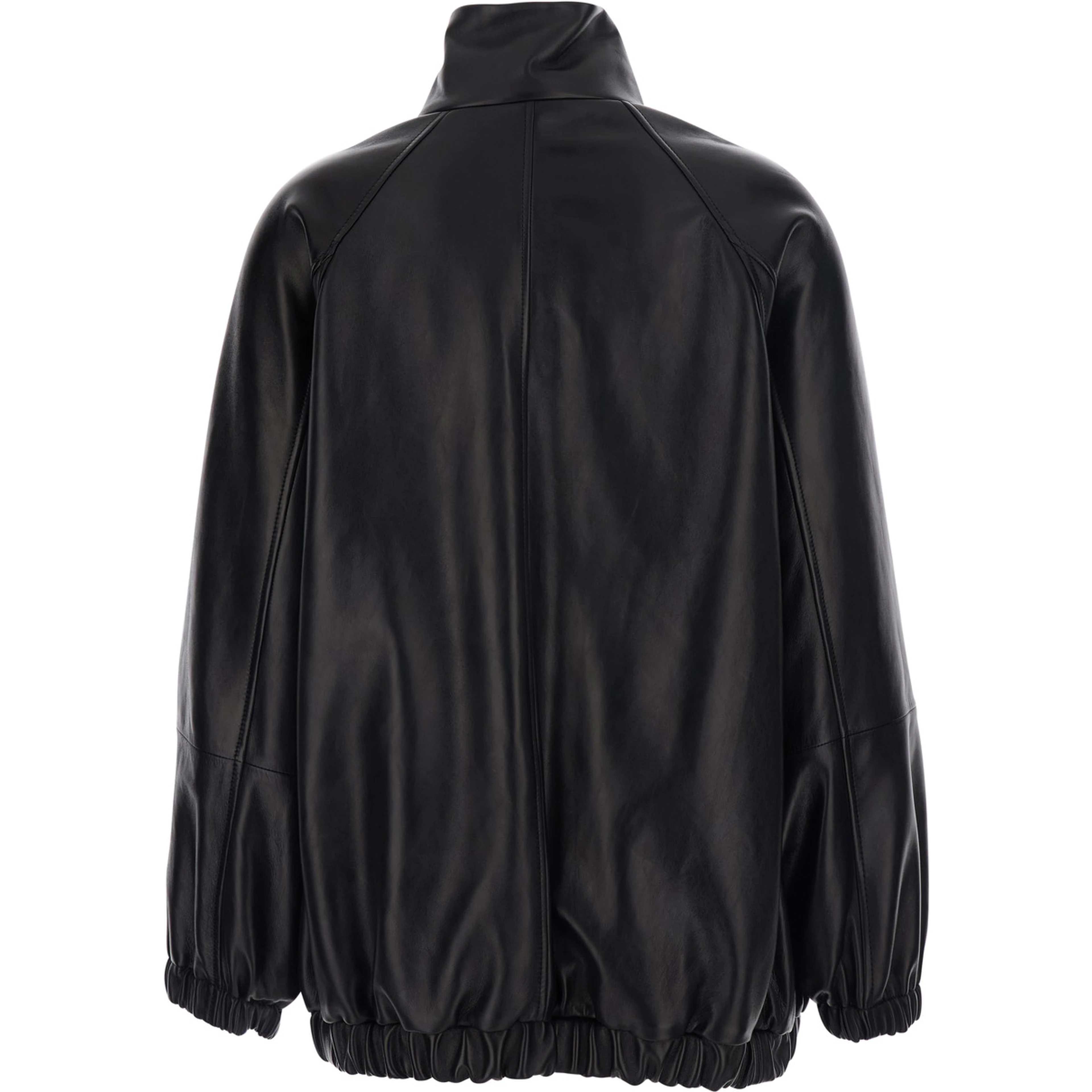 Black High Collar Jacket with Elasticized Trims in Leather for Women