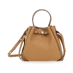 Bucket Bag Romy with Adjustable Strap and Logo Plate on Front in Grained Beige Leather for Women