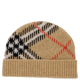 Beige Beanie with Brim and Check Motif in Wool for Women