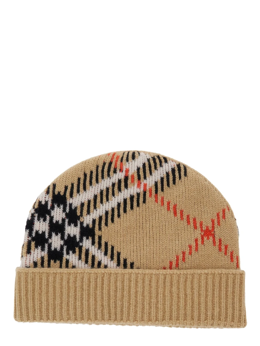 Beige Beanie with Brim and Check Motif in Wool for Women