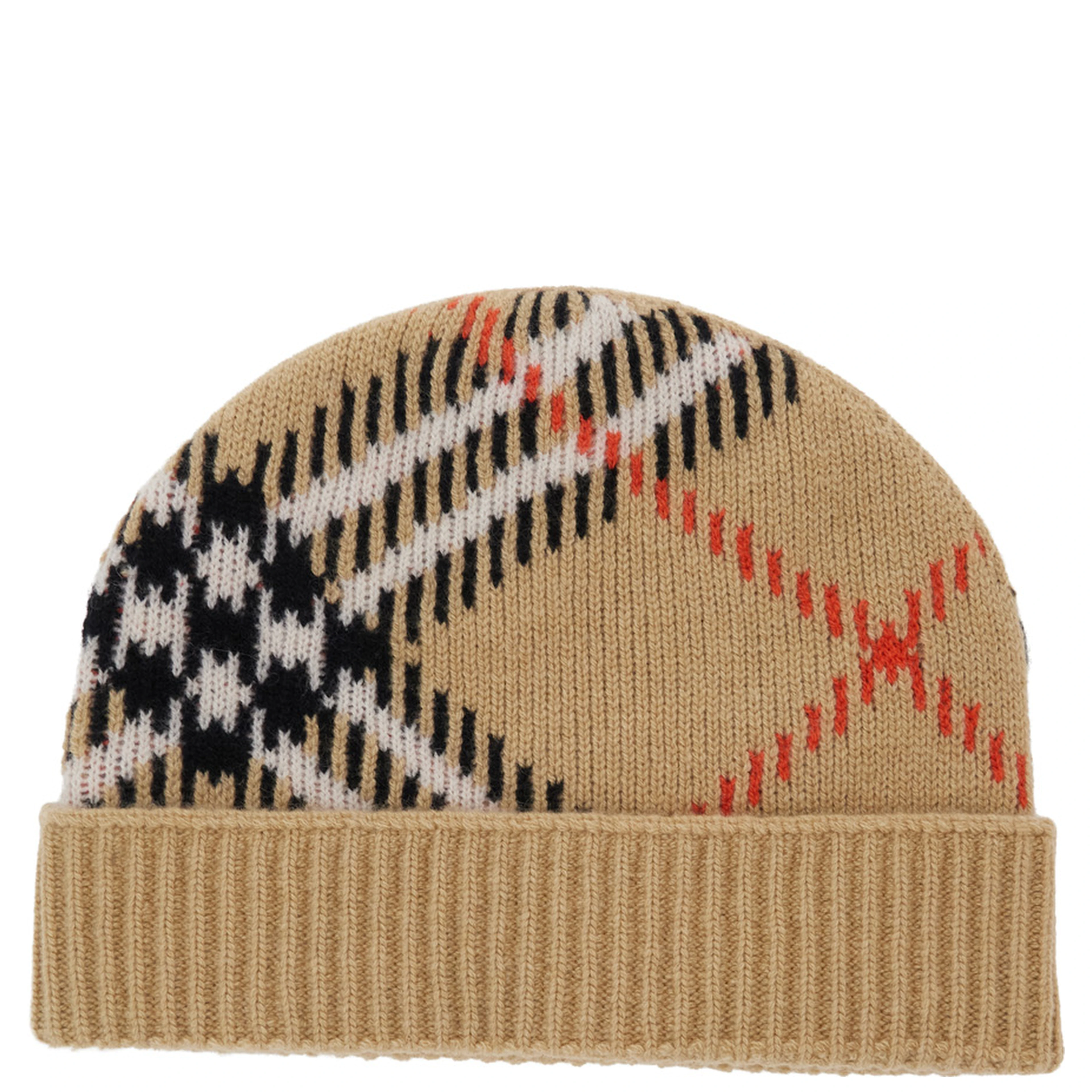 Beige Beanie with Brim and Check Motif in Wool for Women