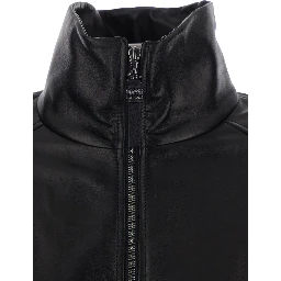 Black High Collar Jacket with Elasticized Trims in Leather for Women