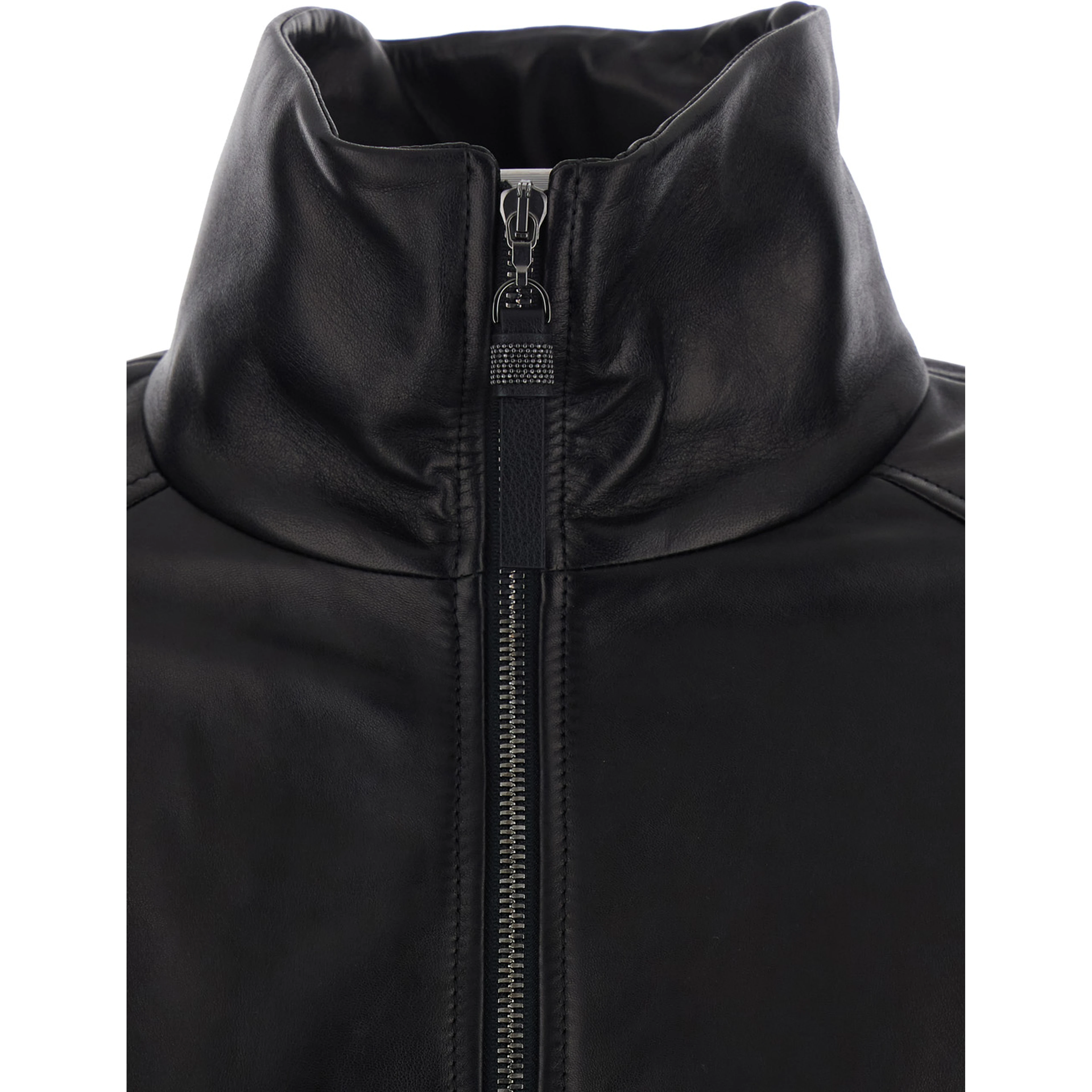 Black High Collar Jacket with Elasticized Trims in Leather for Women