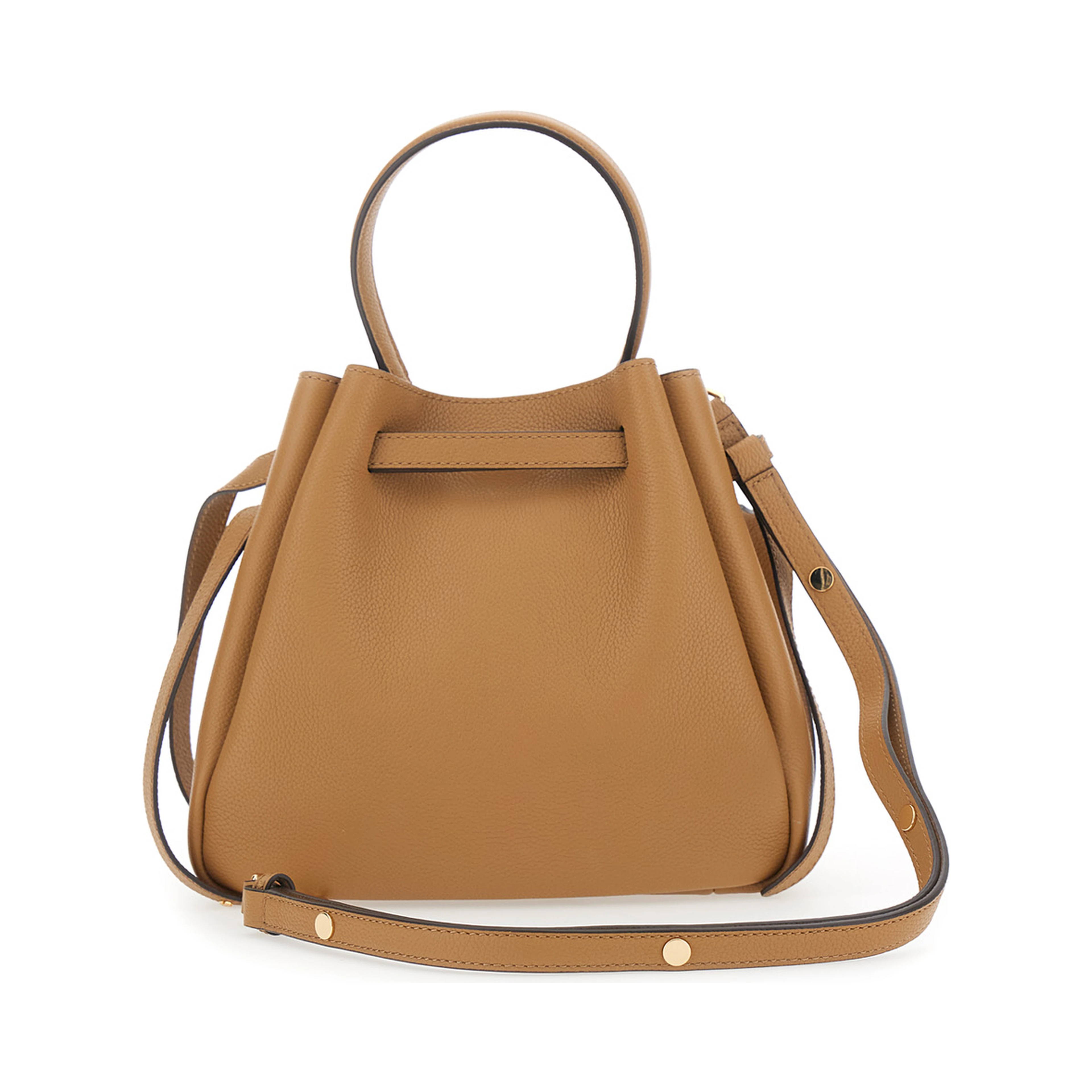 Bucket Bag Romy with Adjustable Strap and Logo Plate on Front in Grained Beige Leather for Women