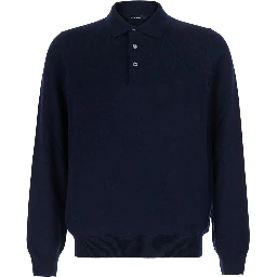 Blue Sweater with Polo Style Collar in Wool Blend for Men