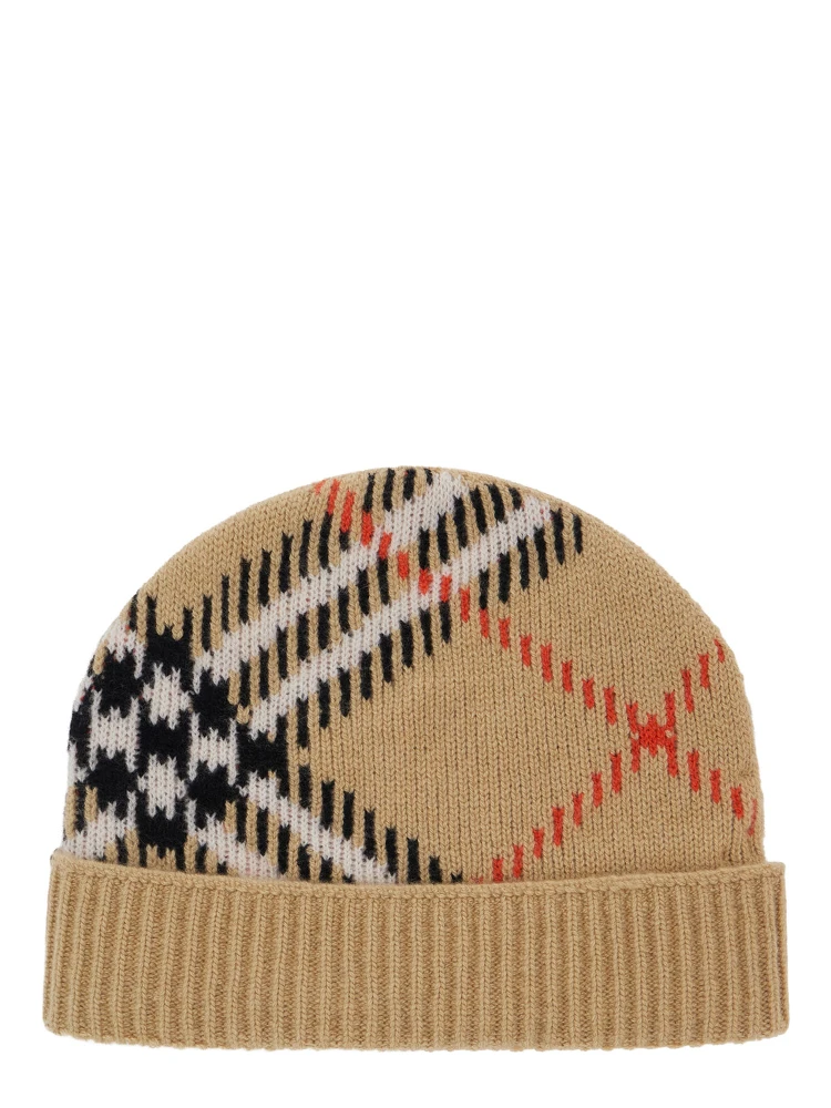 Beige Beanie with Brim and Check Motif in Wool for Women alternative
