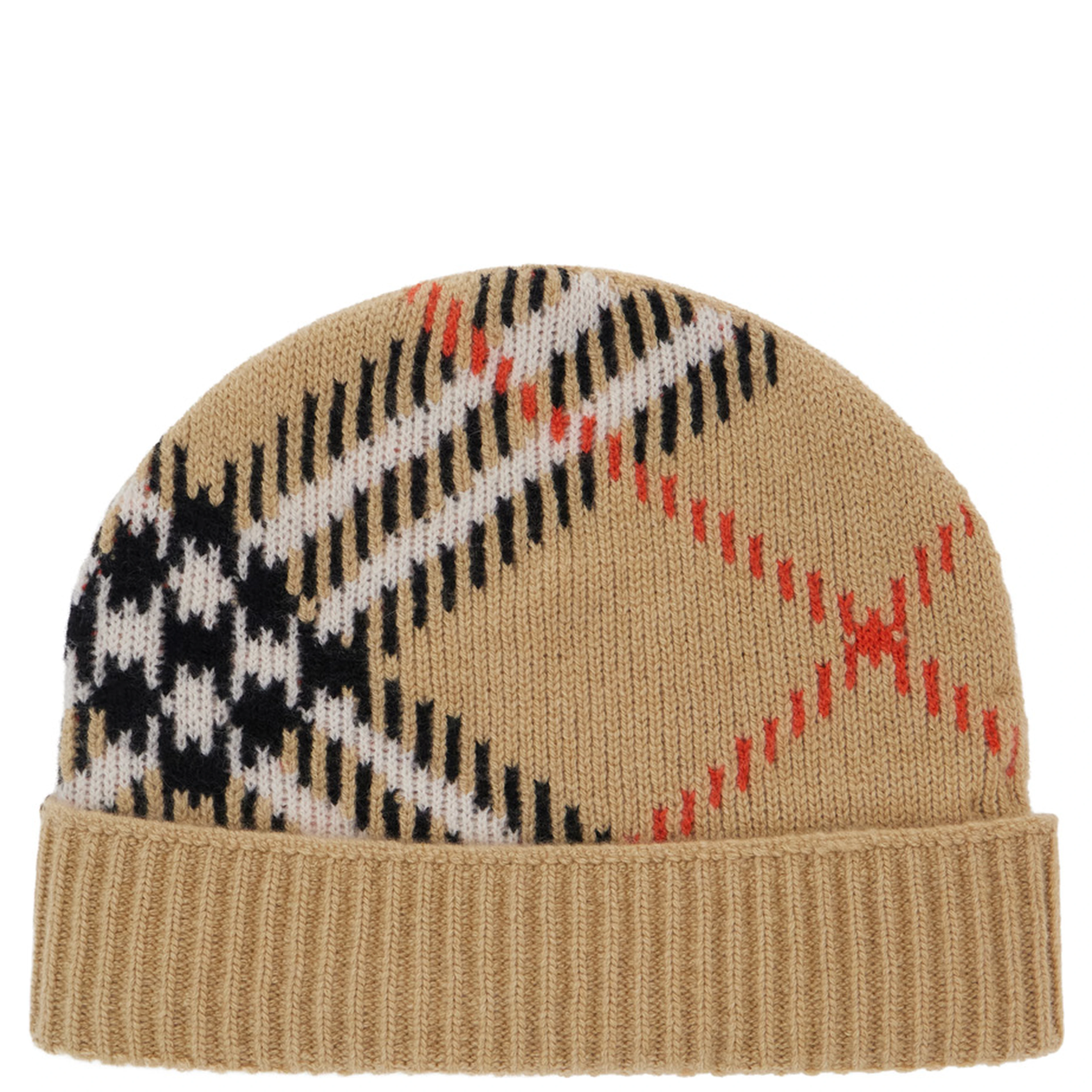 Beige Beanie with Brim and Check Motif in Wool for Women