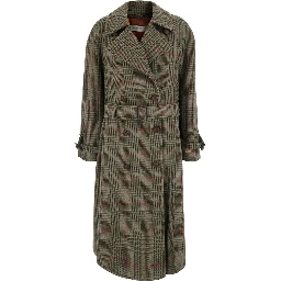 Brown coat with belt and Prince of Wales Motif in Wool for Women
