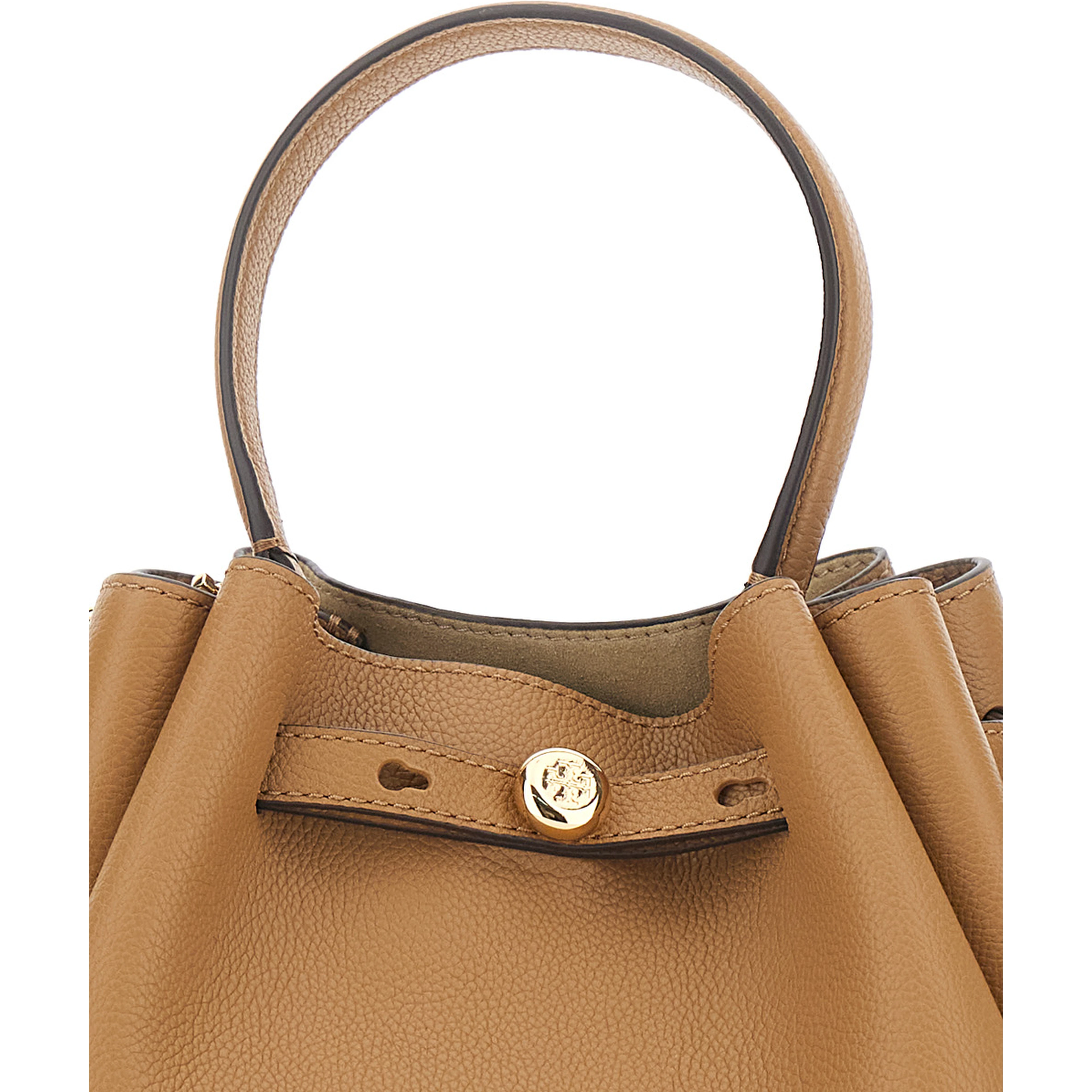 Bucket Bag Romy with Adjustable Strap and Logo Plate on Front in Grained Beige Leather for Women