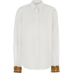 Chloris White Shirt with classic collar and embroidered cuffs in cotton for women