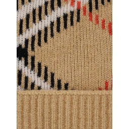 Beige Beanie with Brim and Check Motif in Wool for Women