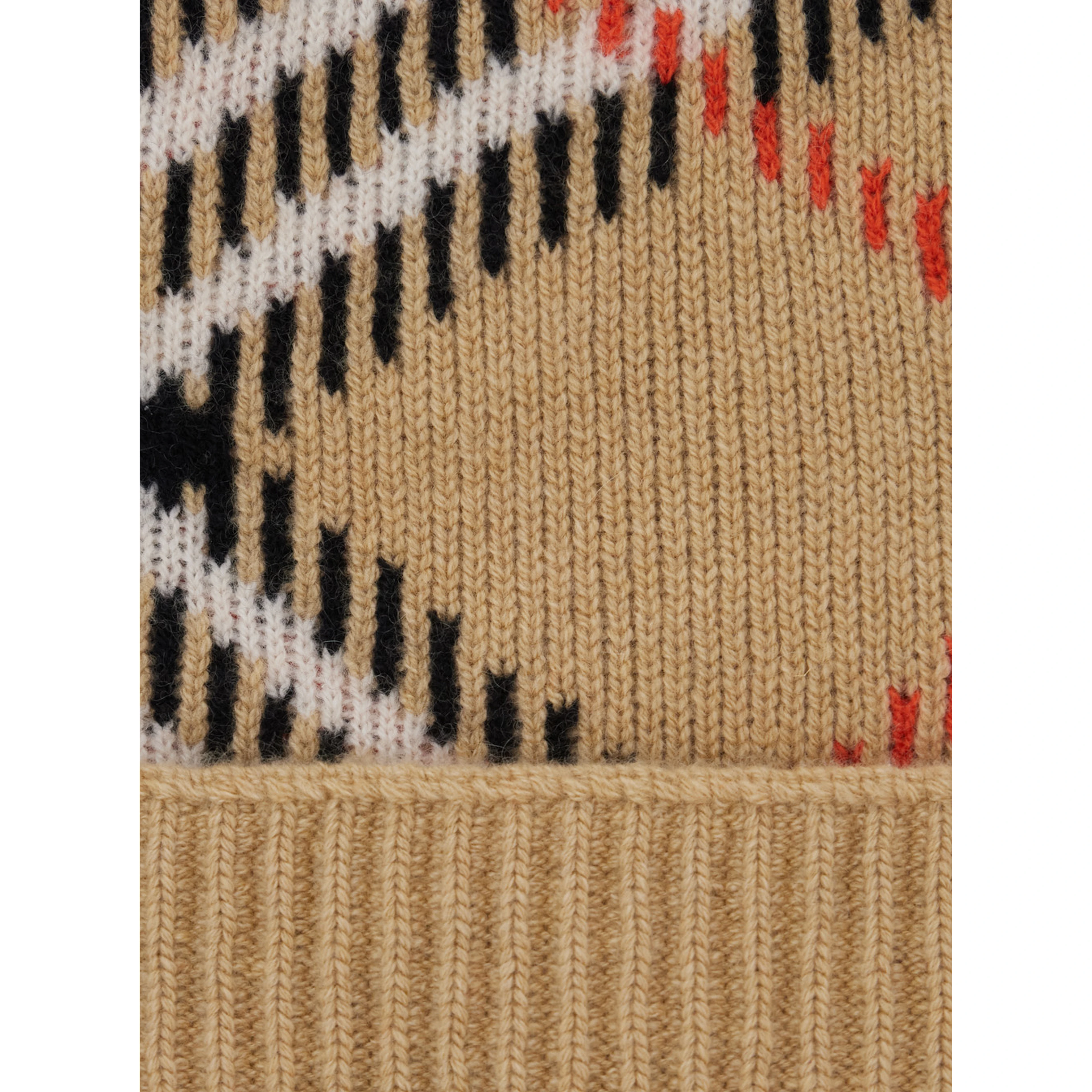 Beige Beanie with Brim and Check Motif in Wool for Women