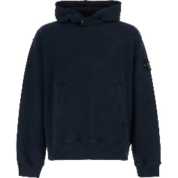 blue sweatshirt with fixed hood and logo patch on the sleeve in cotton for men