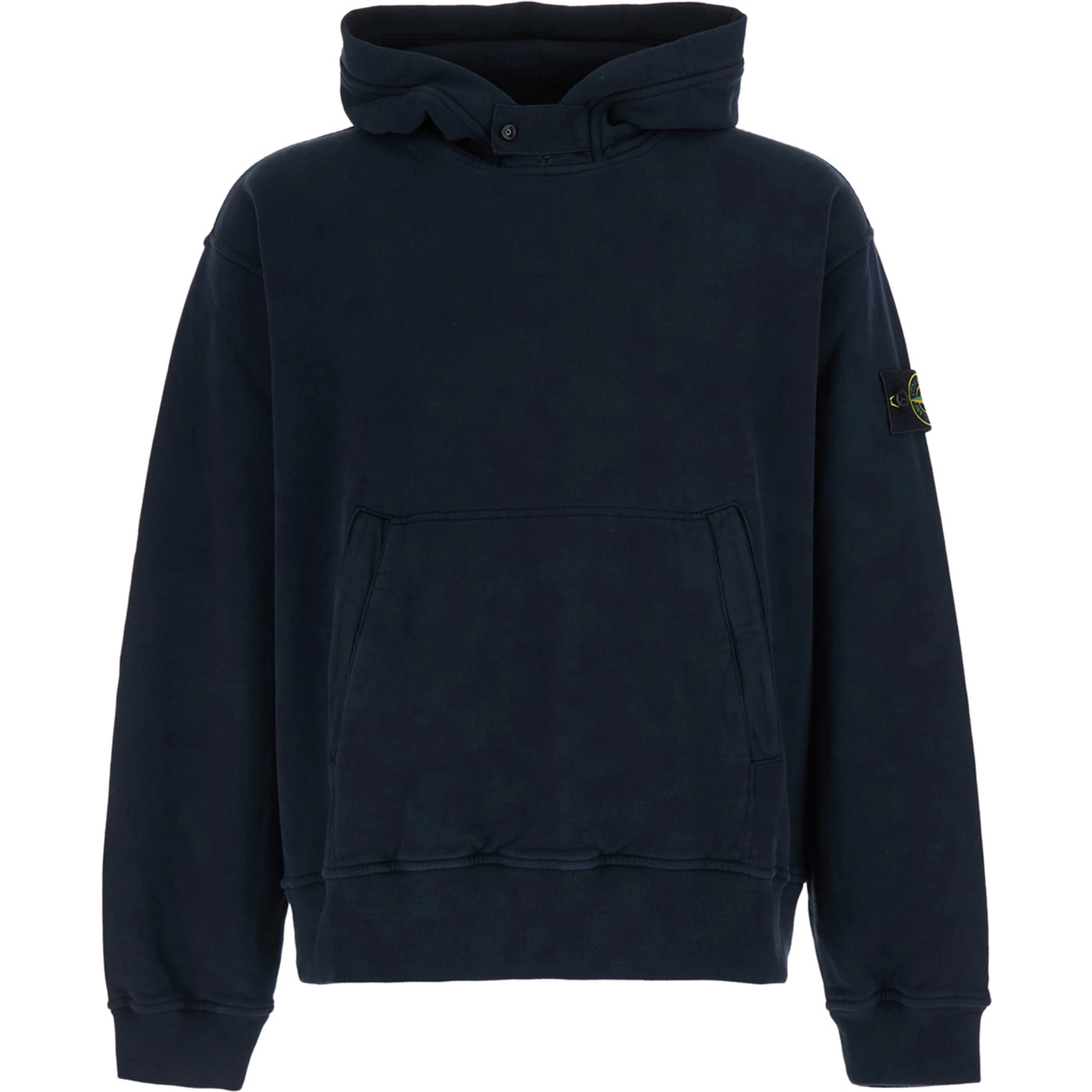 blue sweatshirt with fixed hood and logo patch on the sleeve in cotton for men