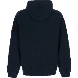 blue sweatshirt with fixed hood and logo patch on the sleeve in cotton for men