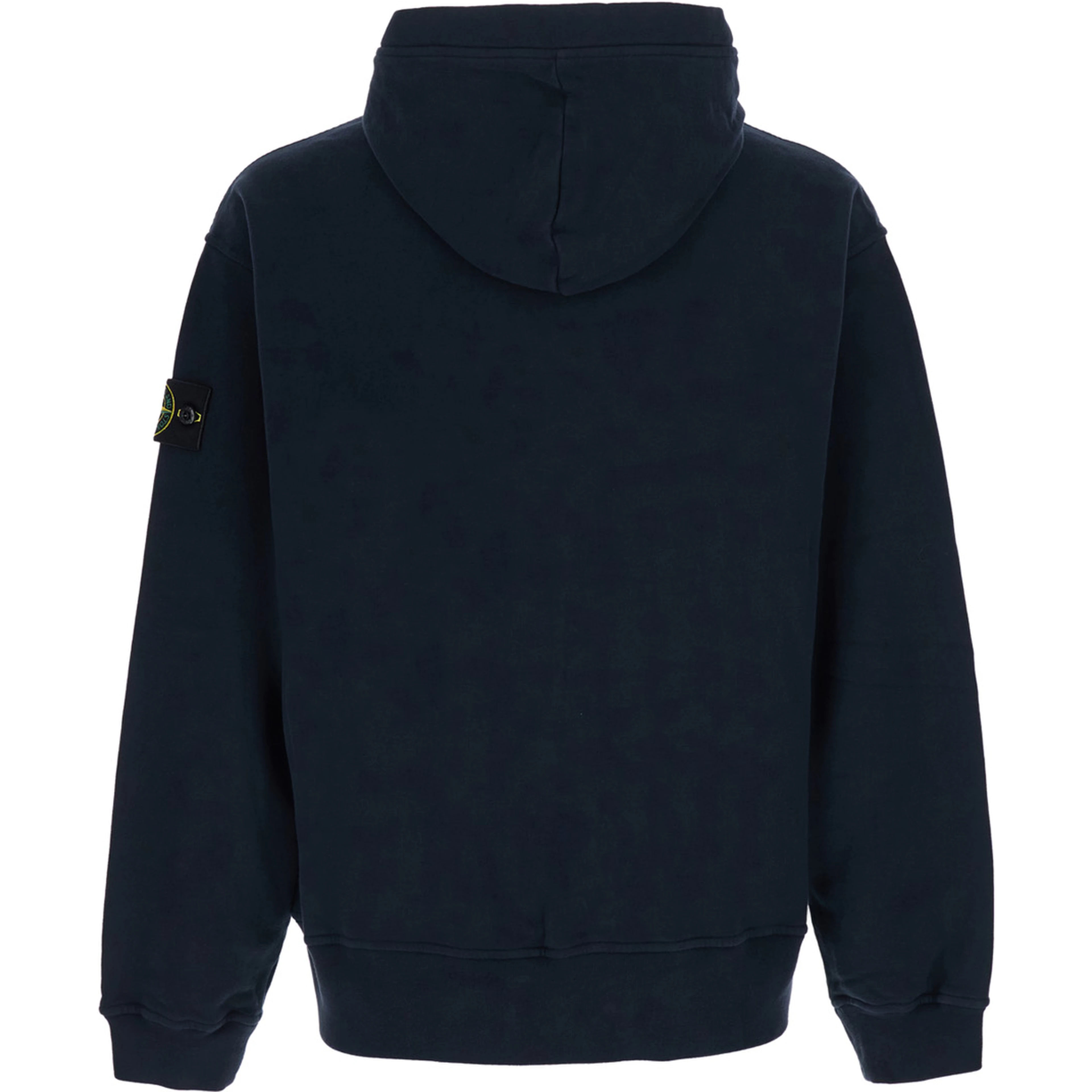 blue sweatshirt with fixed hood and logo patch on the sleeve in cotton for men