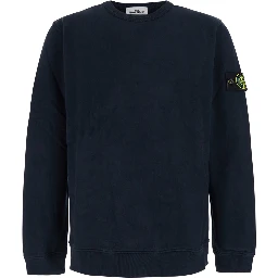 Blue Crewneck sweatshirt with logo patch on the sleeve in cotton for men