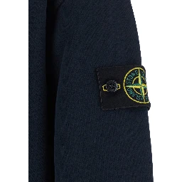blue sweatshirt with fixed hood and logo patch on the sleeve in cotton for men