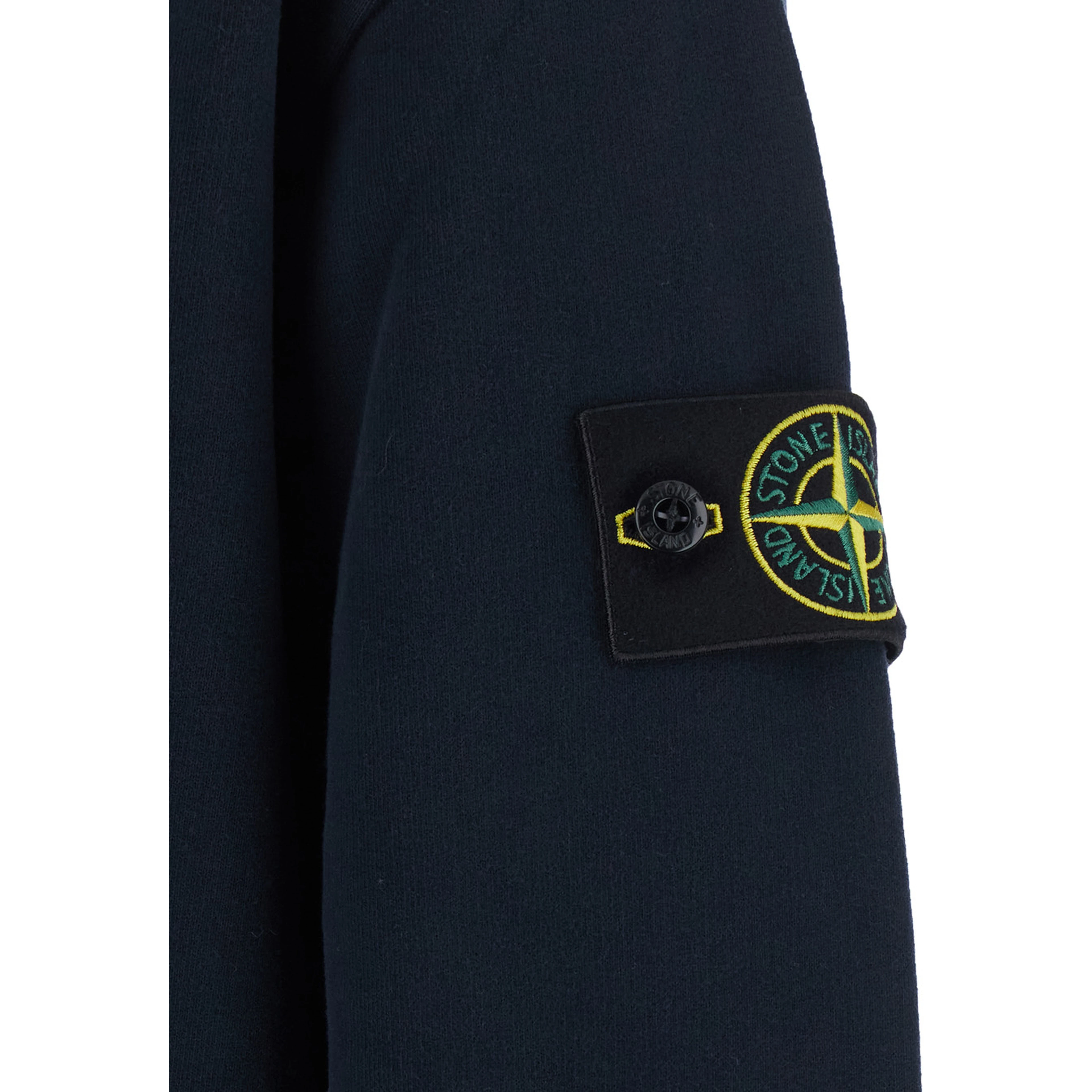 blue sweatshirt with fixed hood and logo patch on the sleeve in cotton for men