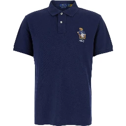 Blue Polo Shirt with Patch Logo on the Front and Classic Collar in Cotton for Men
