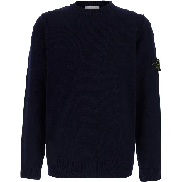 Blue Crewneck sweater with logo patch on the sleeve in wool for men