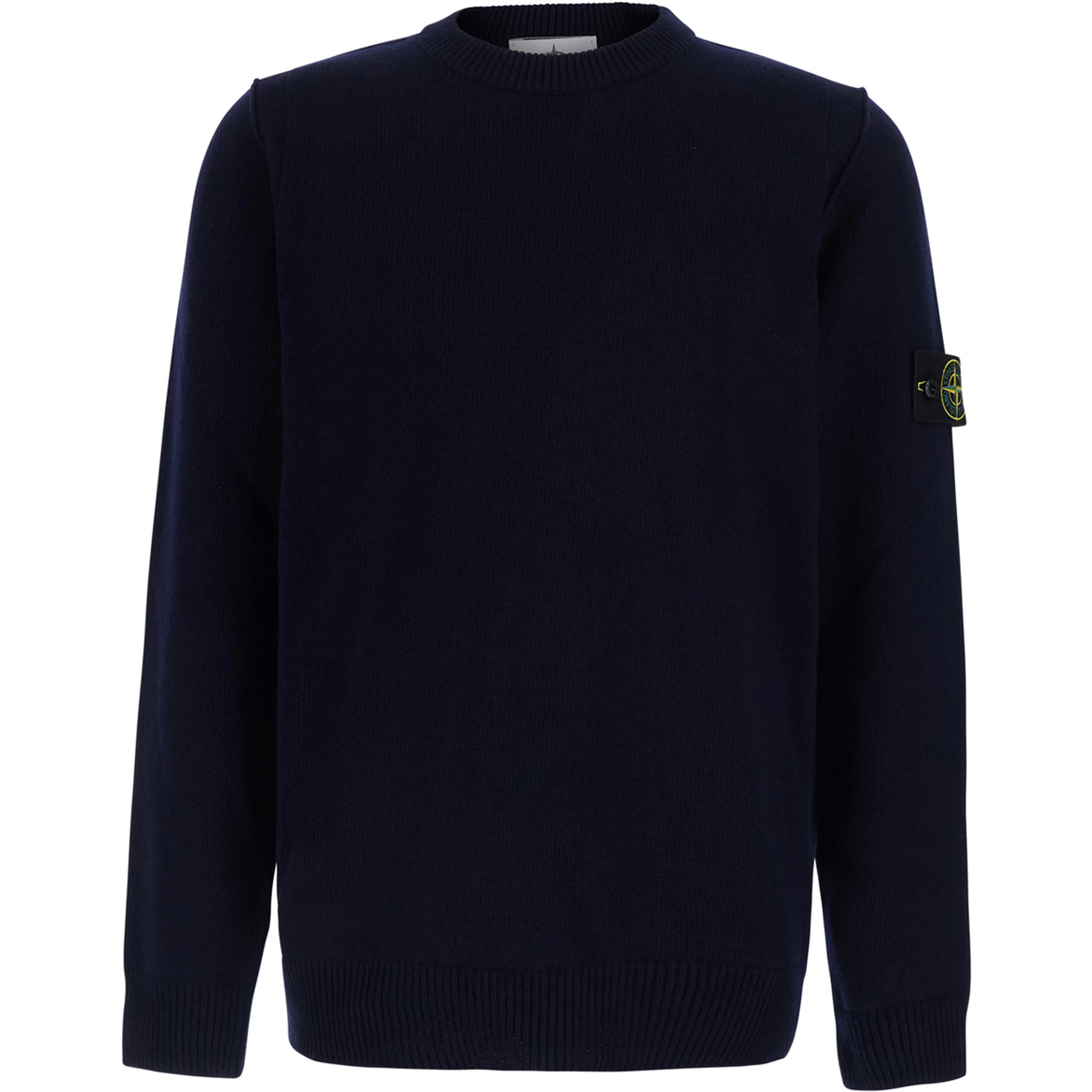 Blue Crewneck sweater with logo patch on the sleeve in wool for men