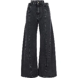 Wide-leg Jeans with Four Stitching Points Logo in Black Denim for Women