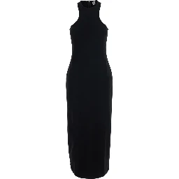 Long dress with v-neck and thin straps in black tech fabric for women
