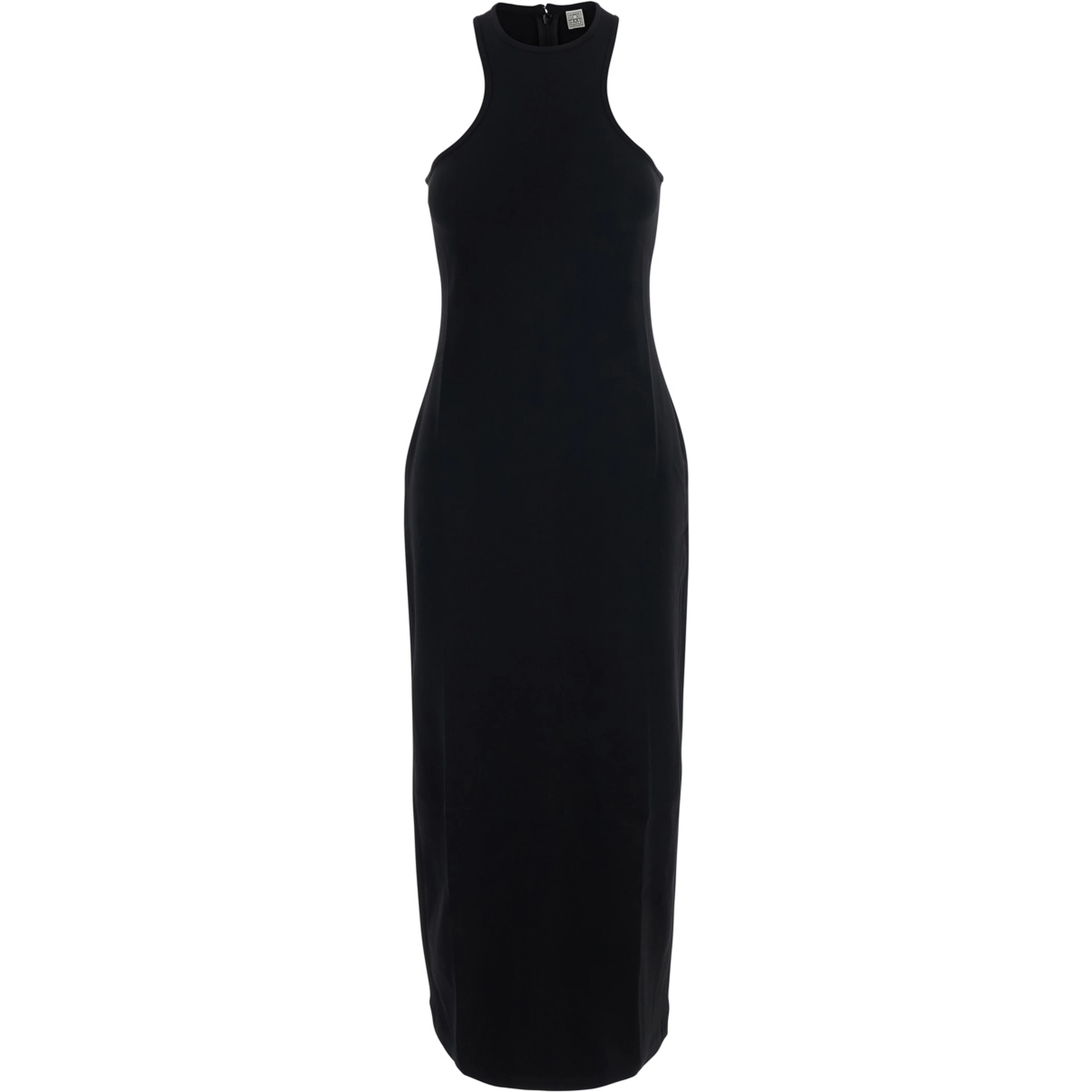 Long dress with v-neck and thin straps in black tech fabric for women