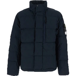 blue Down jacket with high collar and logo patch on the sleeve in cotton and Tech Fabric for men